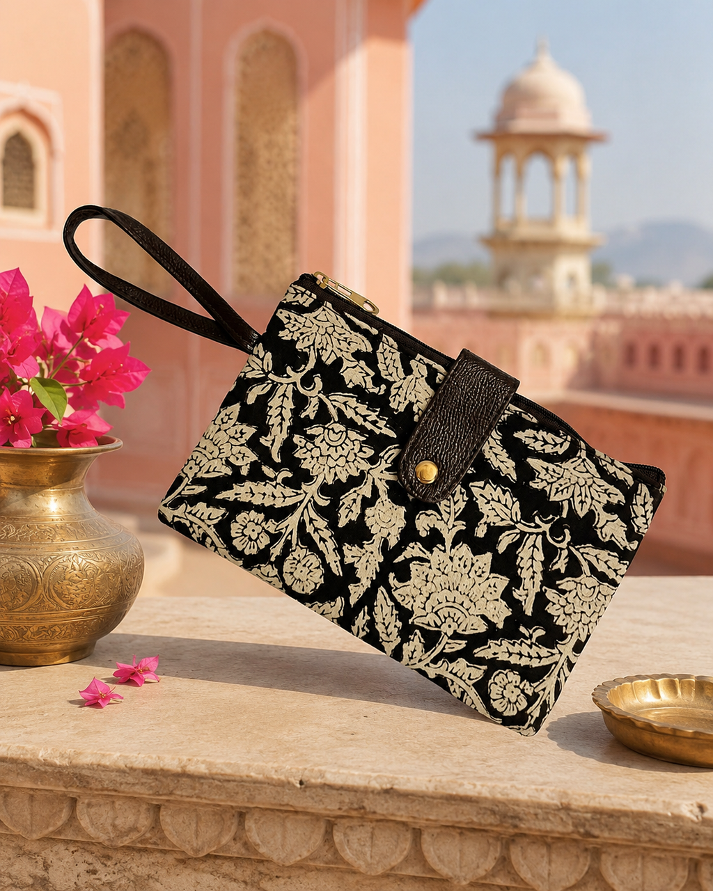 Premaium Handmade Jaipuri Printed Cotton Pouch for Women and Girls- Printed Beige Black