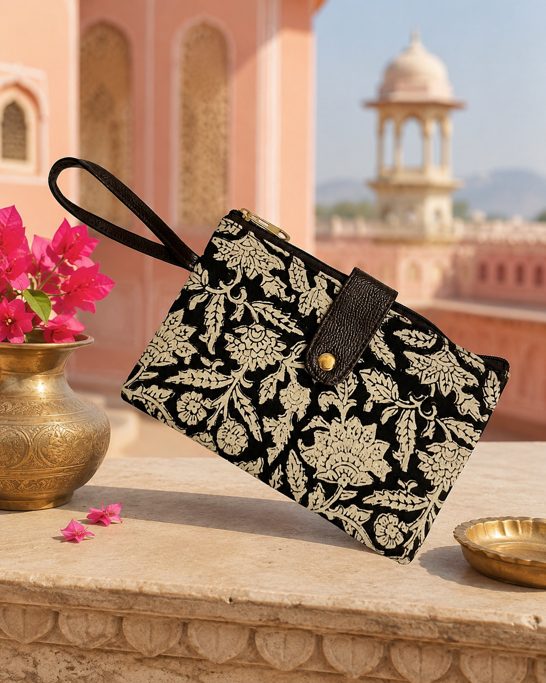 Premaium Handmade Jaipuri Printed Cotton Pouch for Women and Girls- Printed Beige Black
