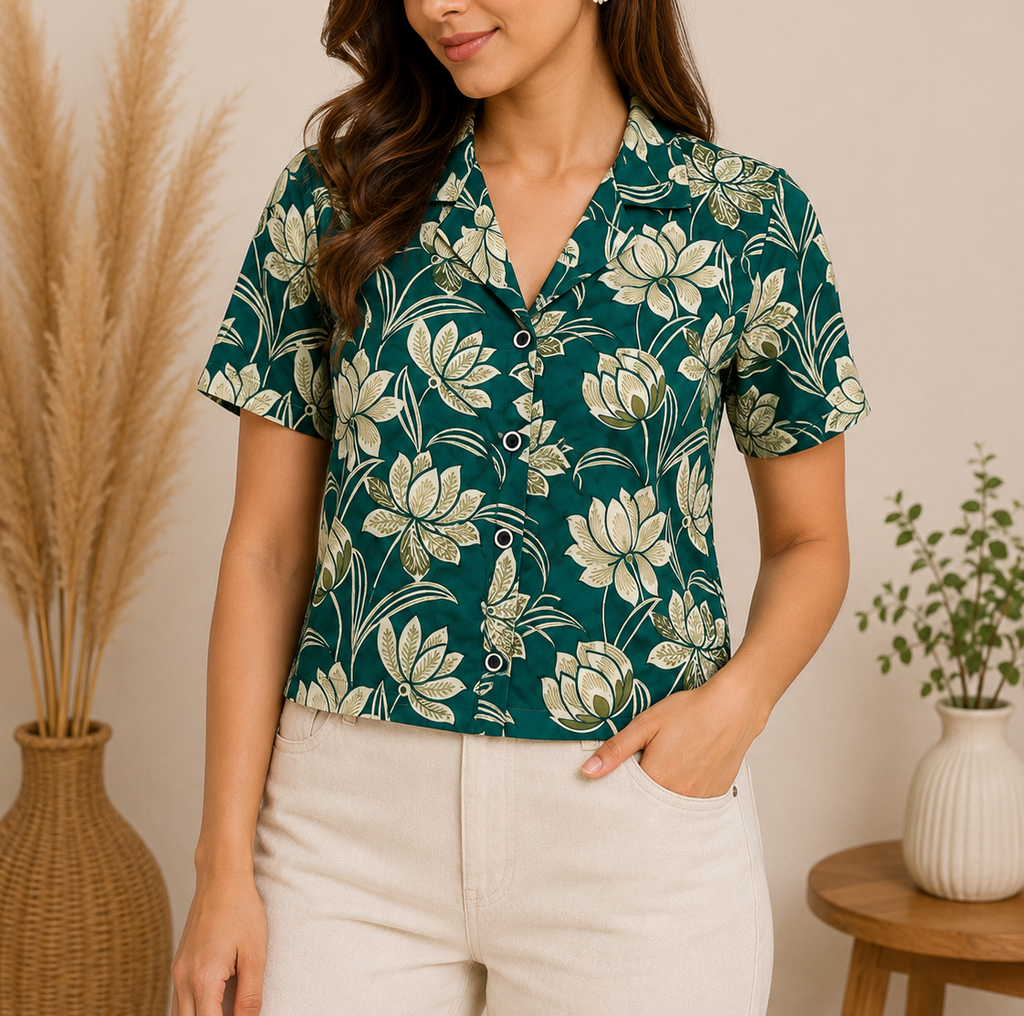 Jaipuri Printed Cotton Crop top or Girls and Women- Green Printed