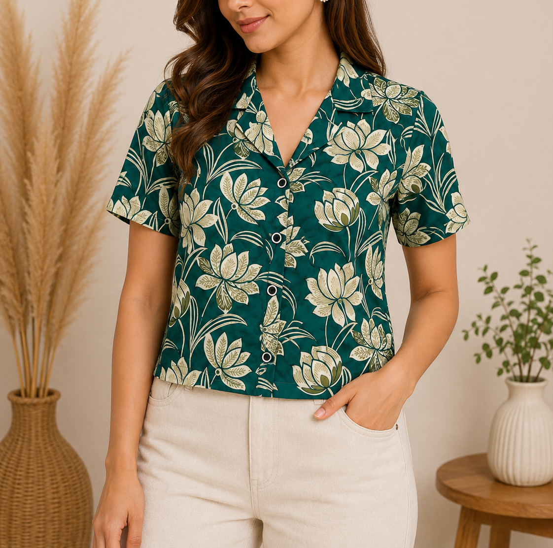Jaipuri Printed Cotton Crop top or Girls and Women- Green Printed