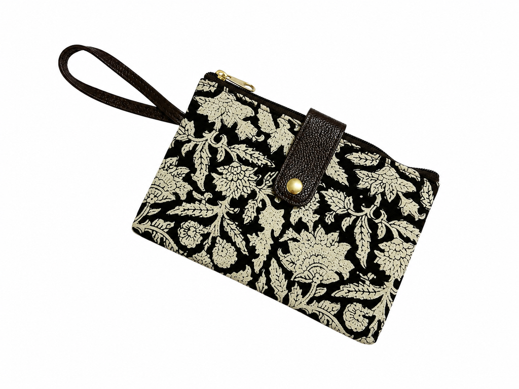 Premaium Handmade Jaipuri Printed Cotton Pouch for Women and Girls- Printed Beige Black