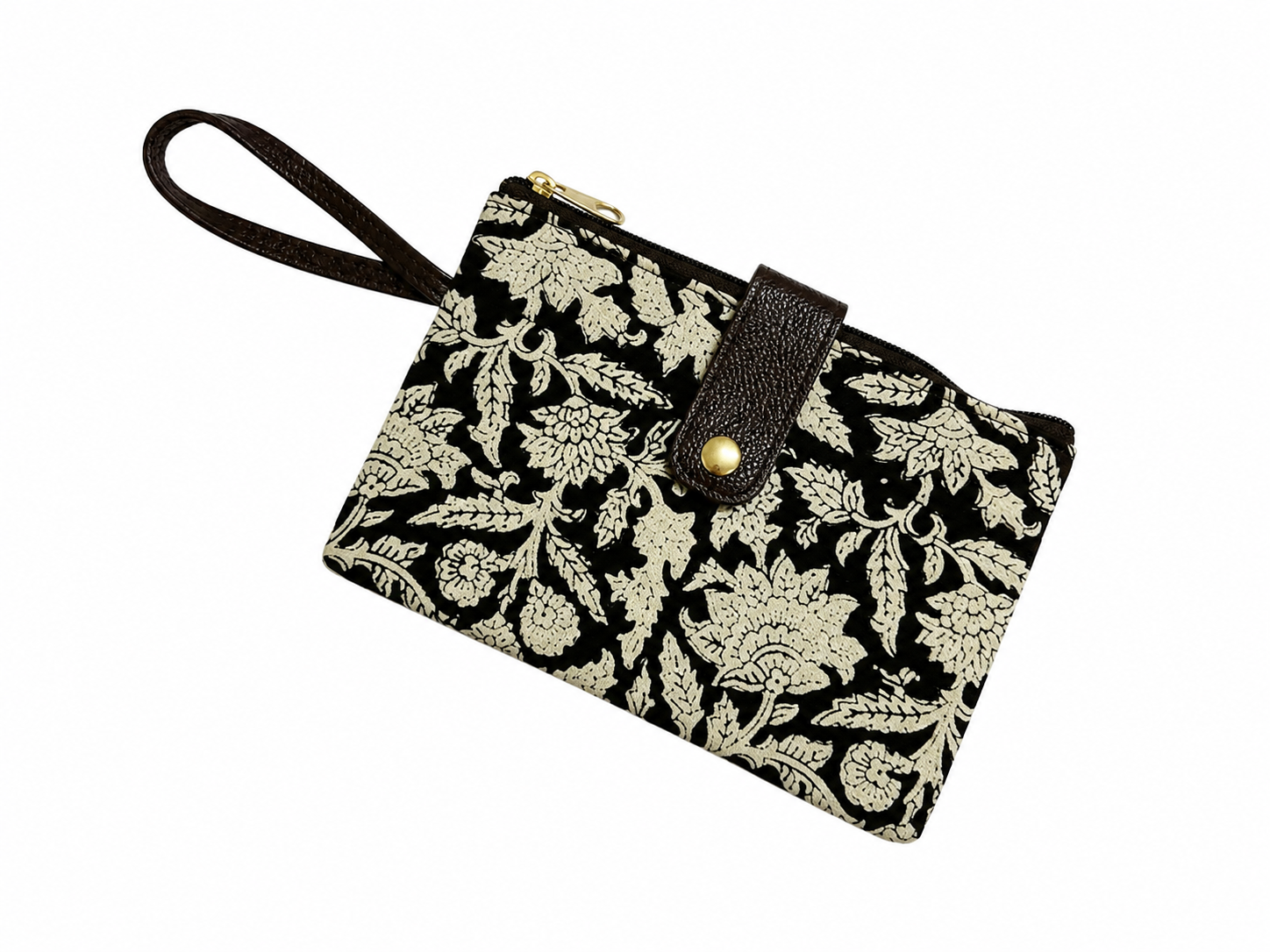 Premaium Handmade Jaipuri Printed Cotton Pouch for Women and Girls- Printed Beige Black