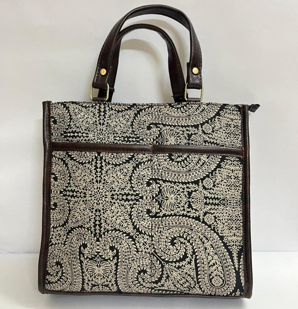 Jaipuri Handcrafted Printed Handbag for Women & Girls - Beige Black Printed
