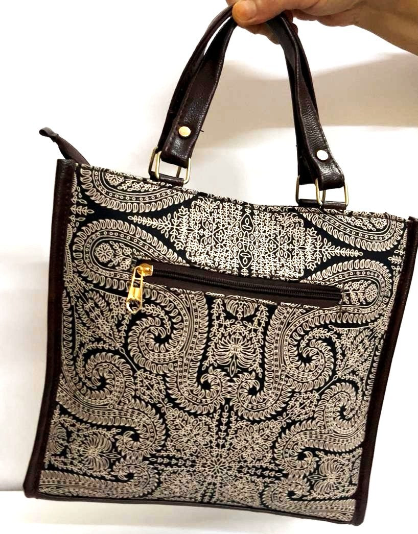 Jaipuri Handcrafted Printed Handbag for Women & Girls - Beige Black Printed