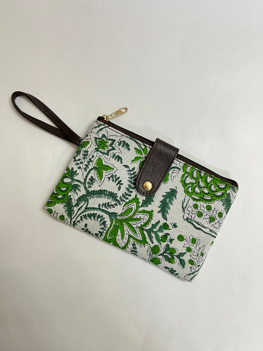 Premium Handmade Jaipuri Printed Cotton Pouch for Women and Girls- Printed Green White Pattern