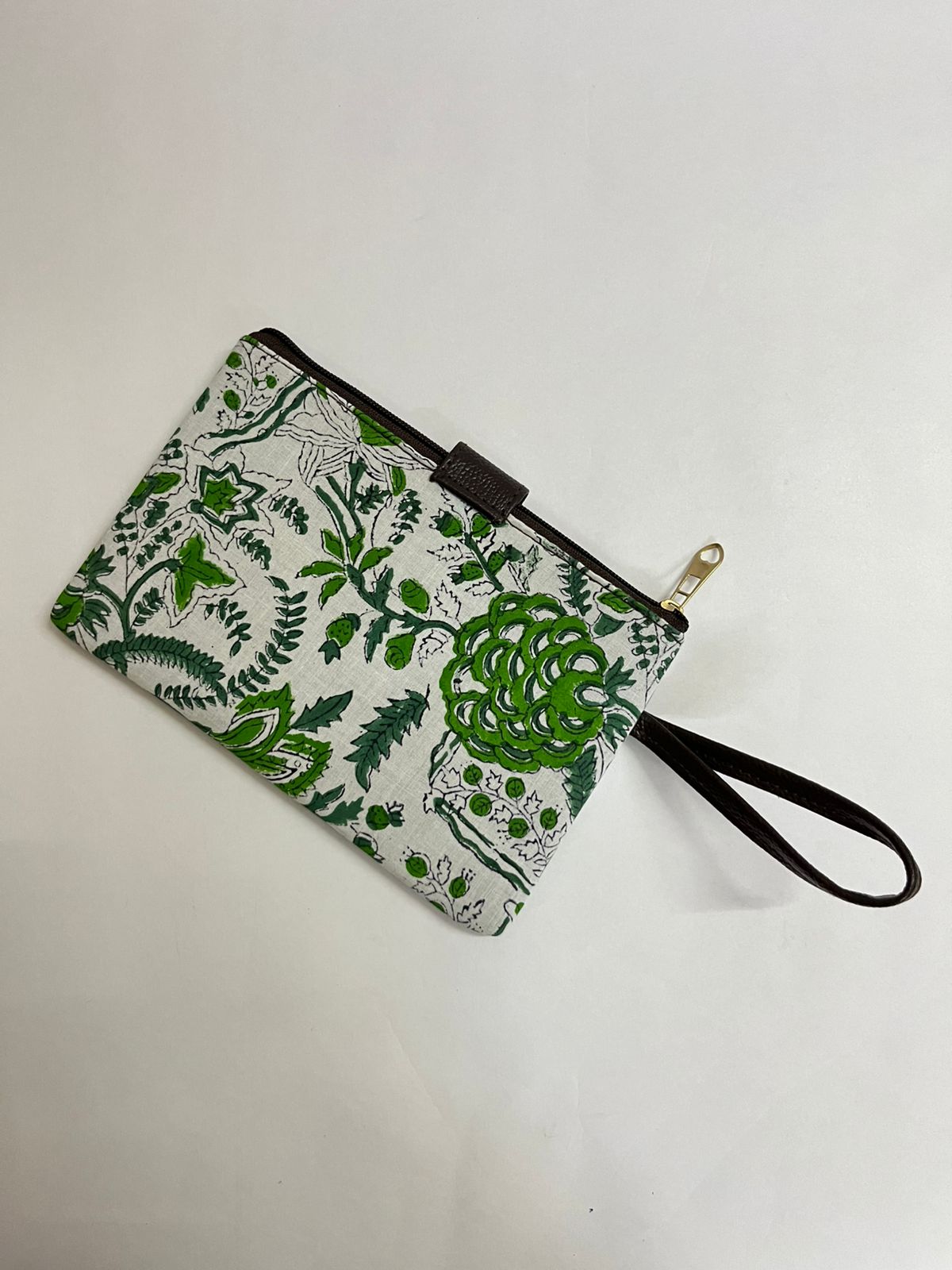 Premium Handmade Jaipuri Printed Cotton Pouch for Women and Girls- Printed Green White Pattern
