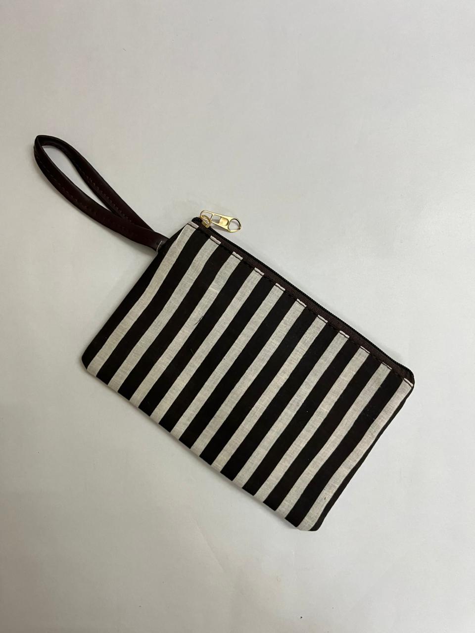 Premium Handmade Jaipuri Printed Cotton Pouch for Women and Girls- White Black Line Pattern