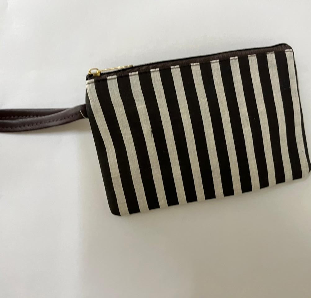 Premium Handmade Jaipuri Printed Cotton Pouch for Women and Girls- White Black Line Pattern