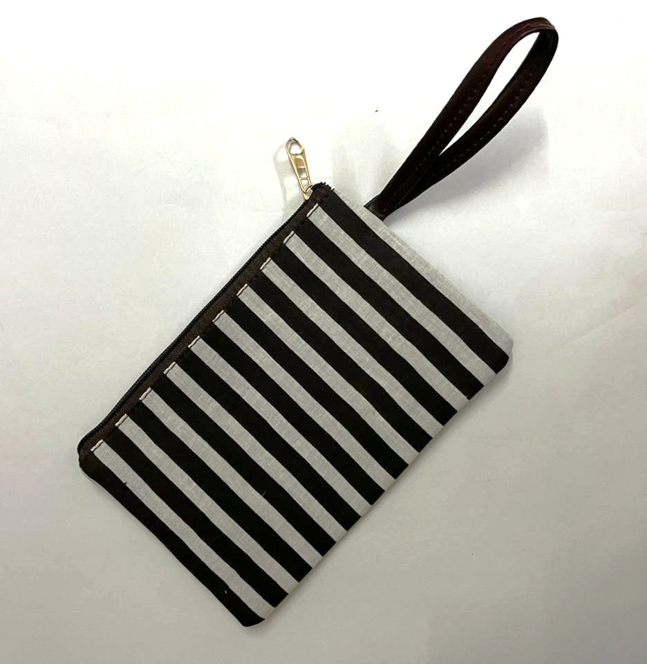 Premium Handmade Jaipuri Printed Cotton Pouch for Women and Girls- White Black Line Pattern