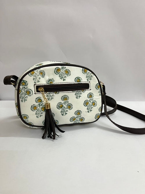 Handcrafted Jaipuri  Printed Cotton Sling Bag for Girls and Women - White Printed