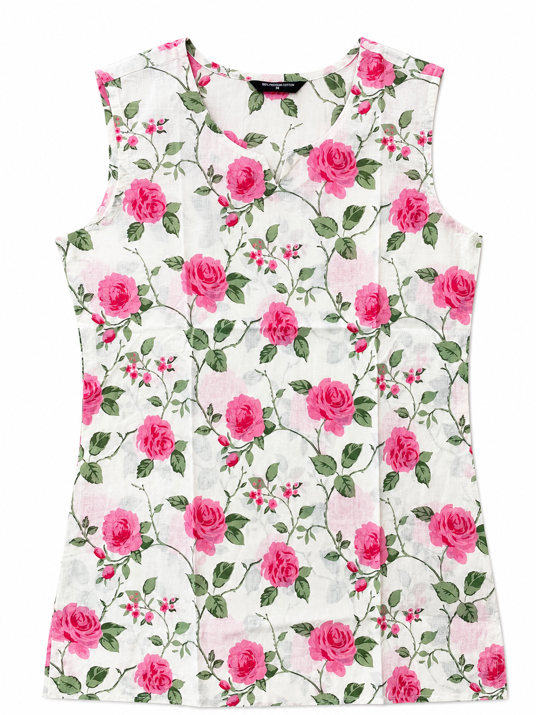 Jaipuri Printed Cotton Sleeveless Short Kurti - Pink Floral
