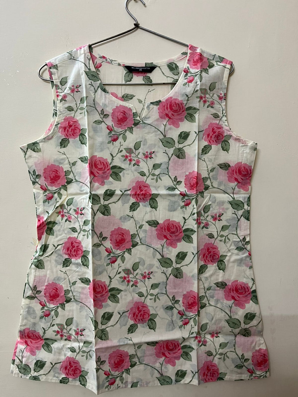 Jaipuri Printed Cotton Sleeveless Short Kurti - Pink Floral