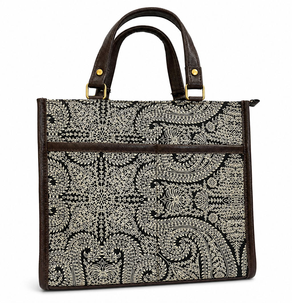 Jaipuri Handcrafted Printed Handbag for Women & Girls - Beige Black Printed