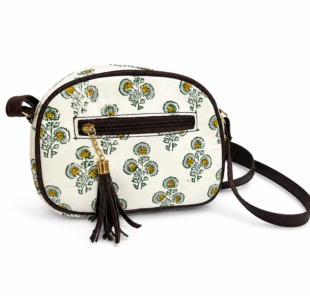 Jaipuri Handcrafted Printed Cotton Sling Bag for Girls and Women - White Printed